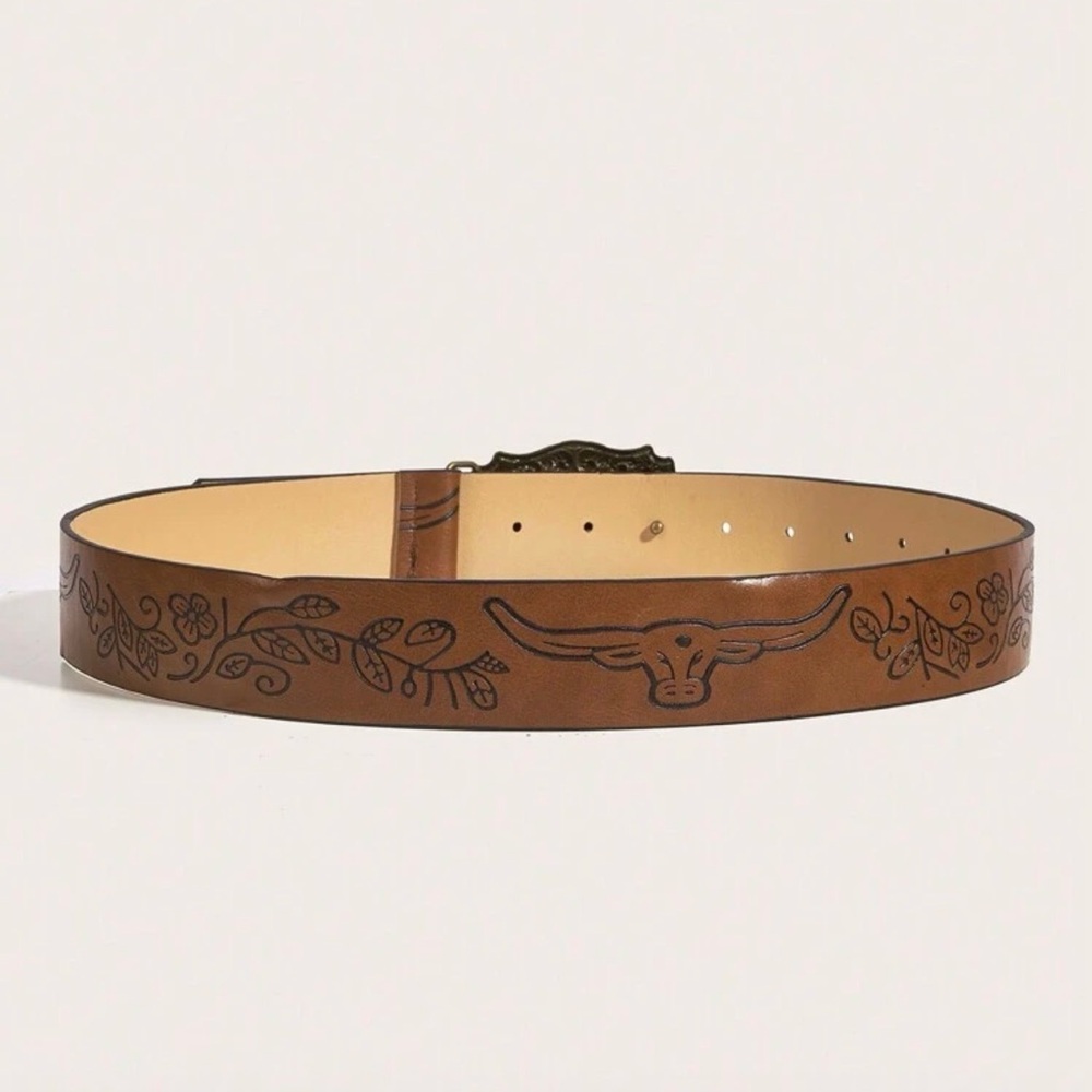 Brown Western Belt with Ornate Buckle - Picture 3 of 4
